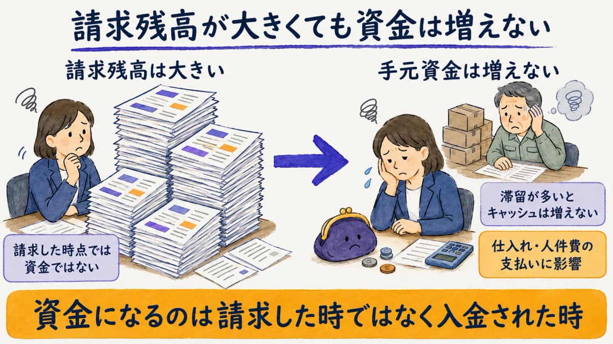 請求残高は大きいのに滞留により手元資金が増えない状態を示した対比図