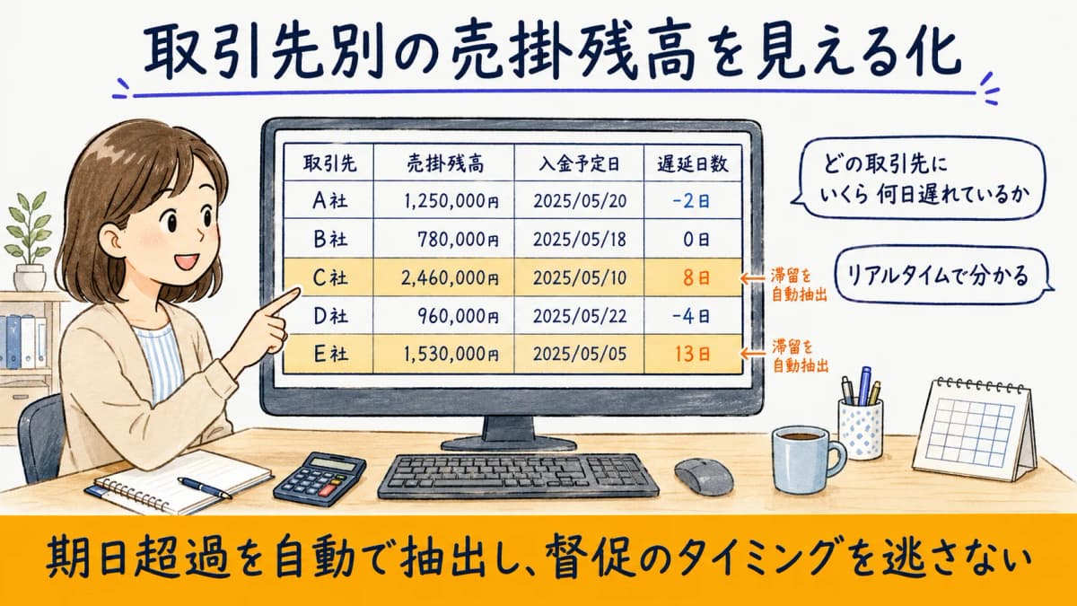 取引先別の売掛残高と入金予定日を一覧化し滞留債権を自動抽出するダッシュボードの図