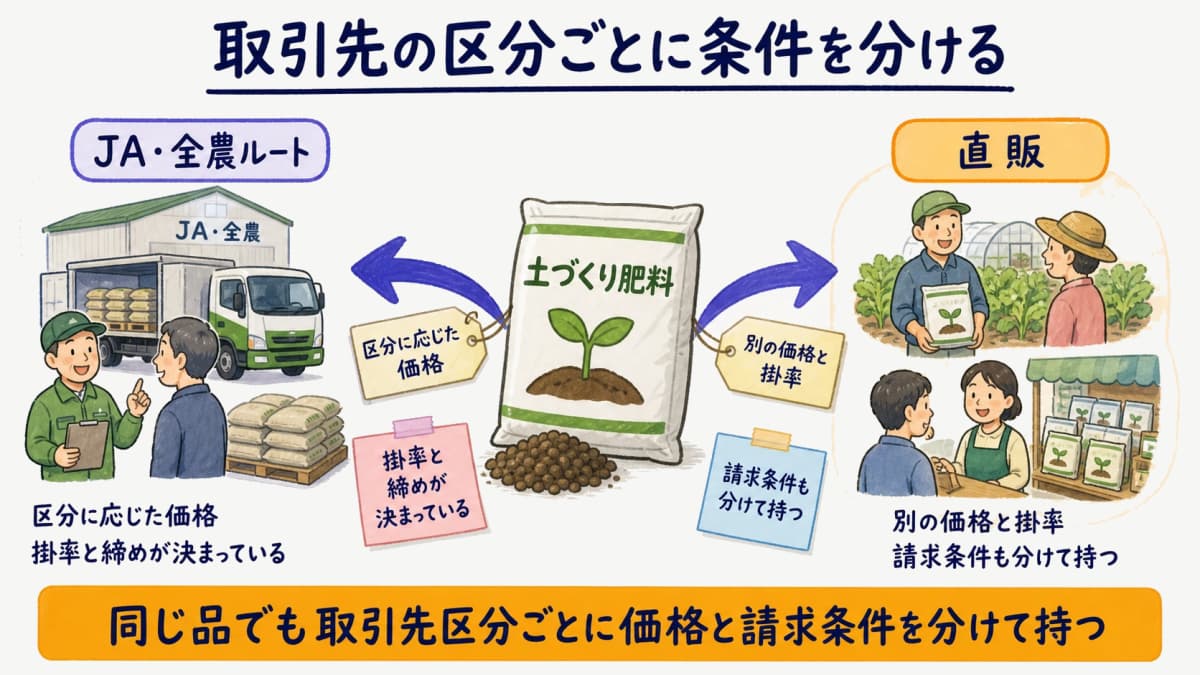 JA・全農ルートと直販で価格・掛率・請求条件を区分ごとに分けて管理する構造の図