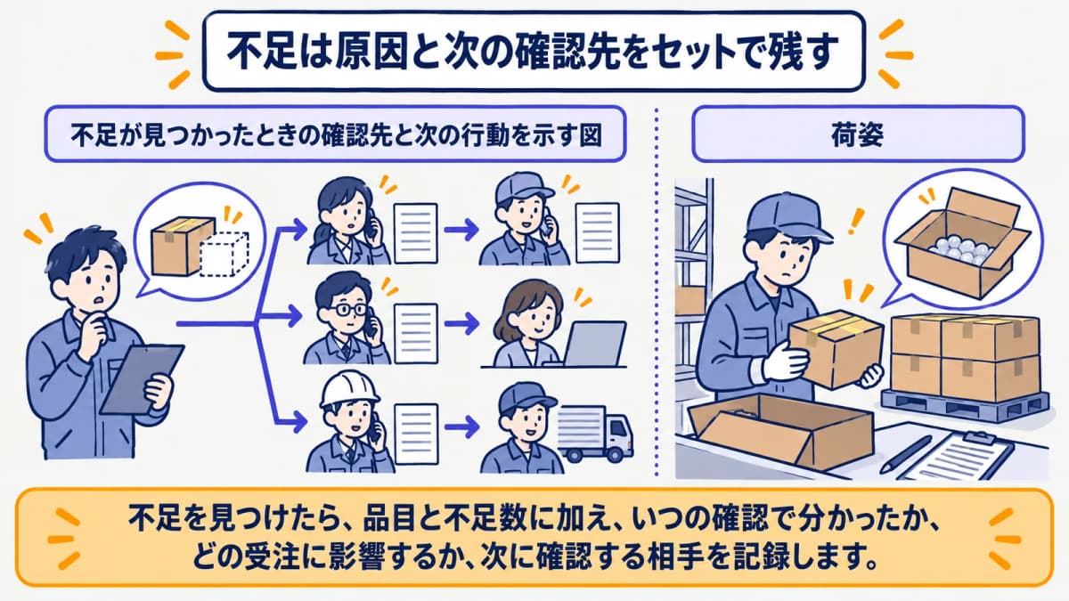 不足が見つかったときの確認先と次の行動を示す図