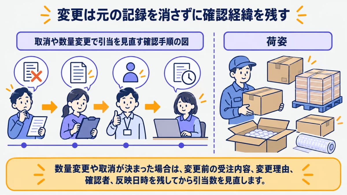 取消や数量変更で引当を見直す確認手順の図
