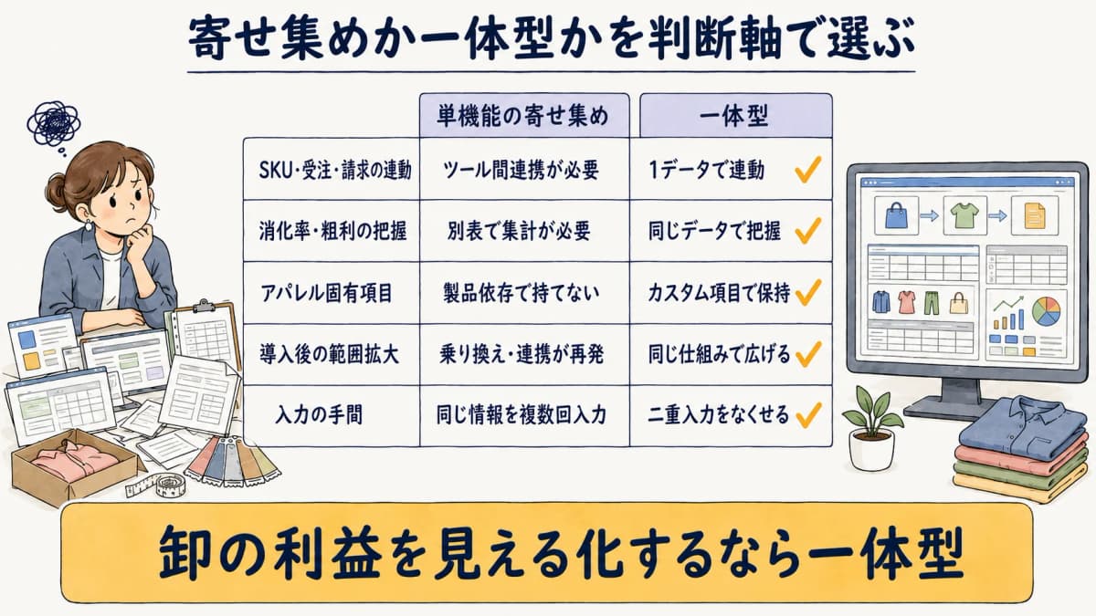 単機能ツールの寄せ集めと一体型を判断軸で比べた選び方の図解