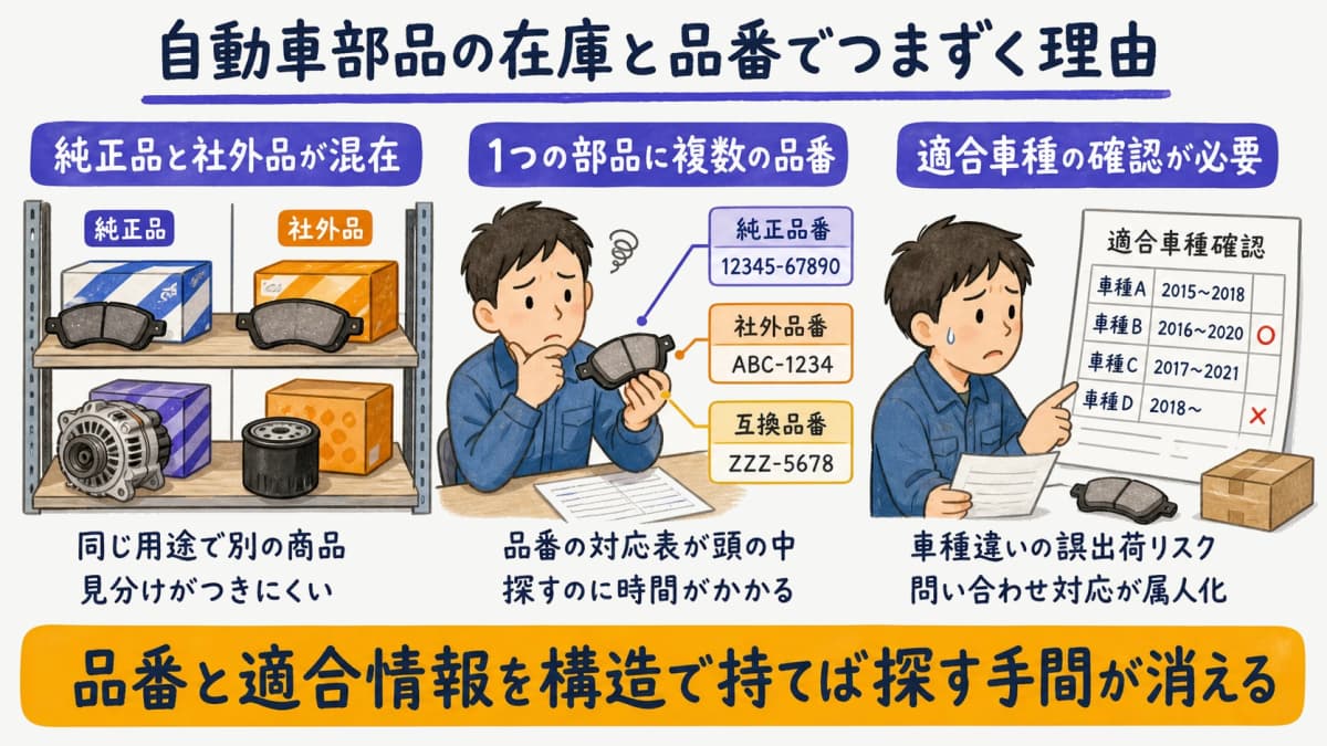 OEM純正と社外品の互換品番が混在する自動車部品在庫の課題を示す図解