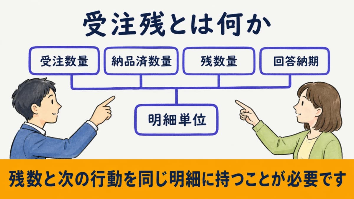 受注数量・納品済数量・残数量と回答納期を明細単位で管理する図