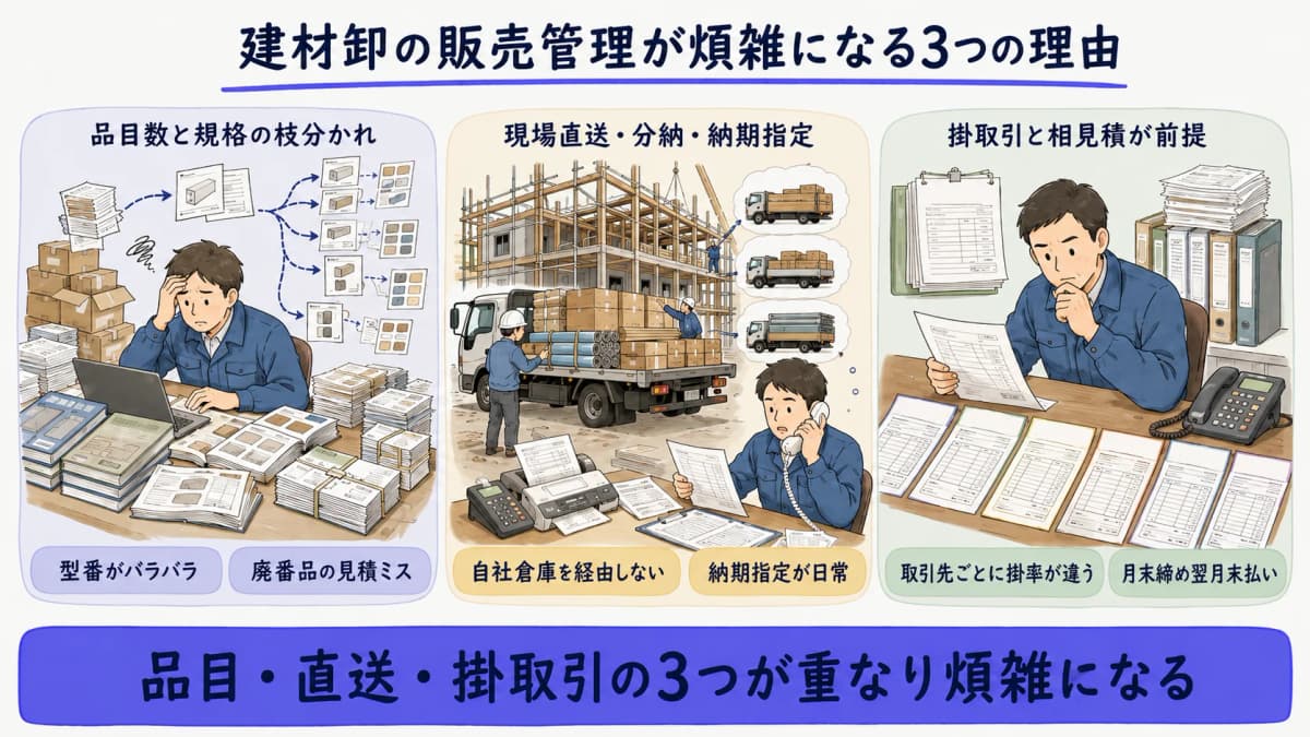 建材卸の販売管理が煩雑になる品目数・現場直送・掛取引の3要因を示した図