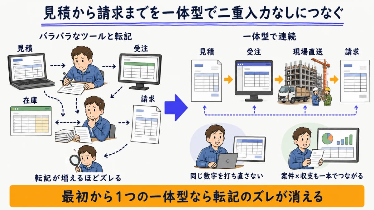見積から受注・現場直送・請求までを一体型で二重入力なしでつなぐ流れの図
