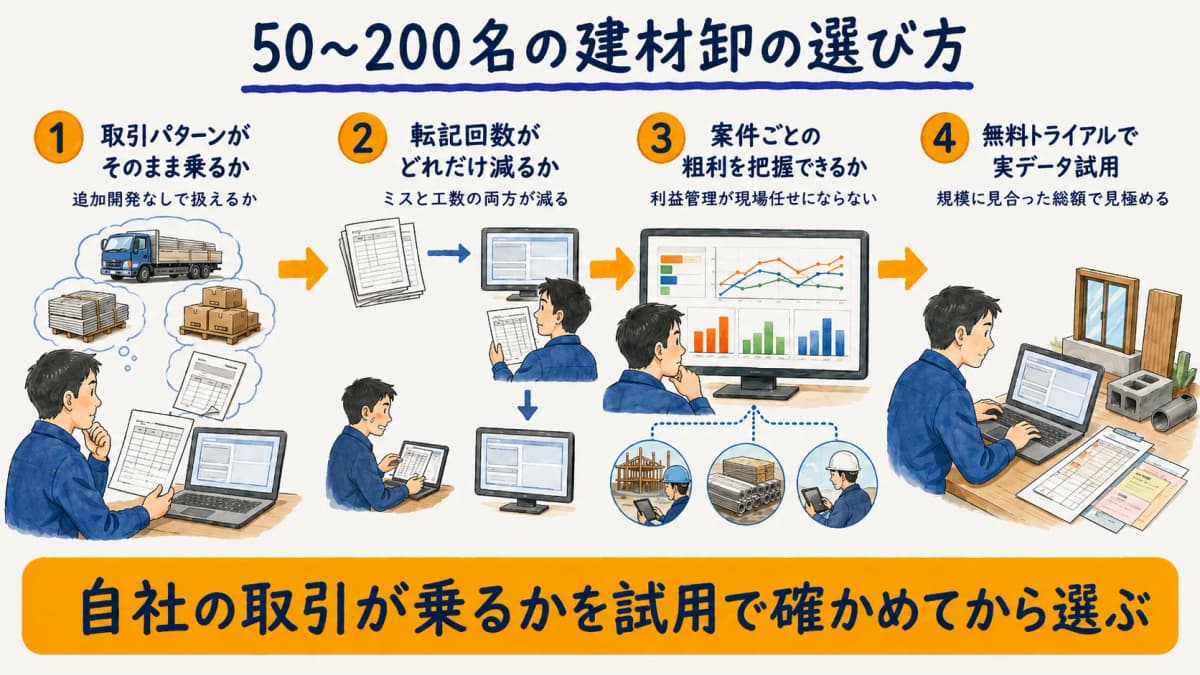 規模50〜200名の建材卸がシステムを選ぶ際の判断ステップを示した図