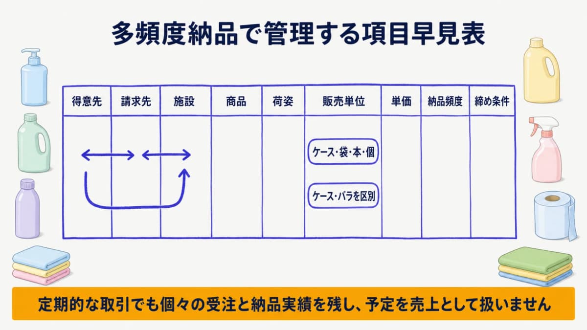 得意先・請求先・施設・商品・荷姿・販売単位・単価・納品頻度・締め条件の対応図