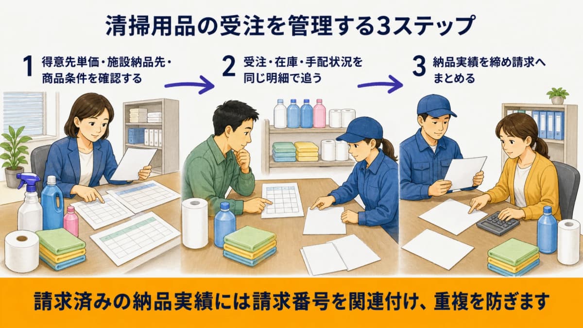 得意先条件の確認・受注と在庫手配・納品実績と締め請求を示す3ステップ
