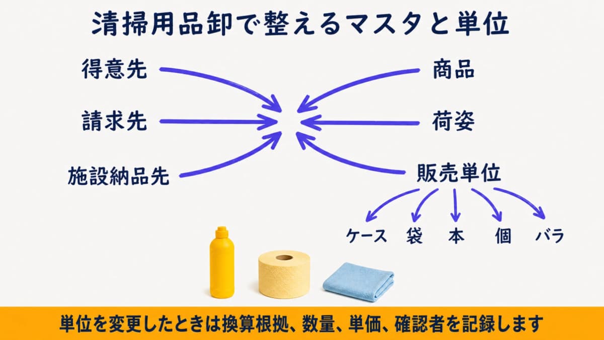 得意先・請求先・施設納品先と商品・荷姿・販売単位を分ける図