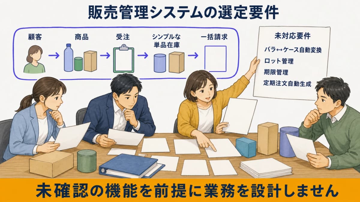 得意先単価・受注・単品在庫・納品実績・一括請求と未対応要件を区別する図