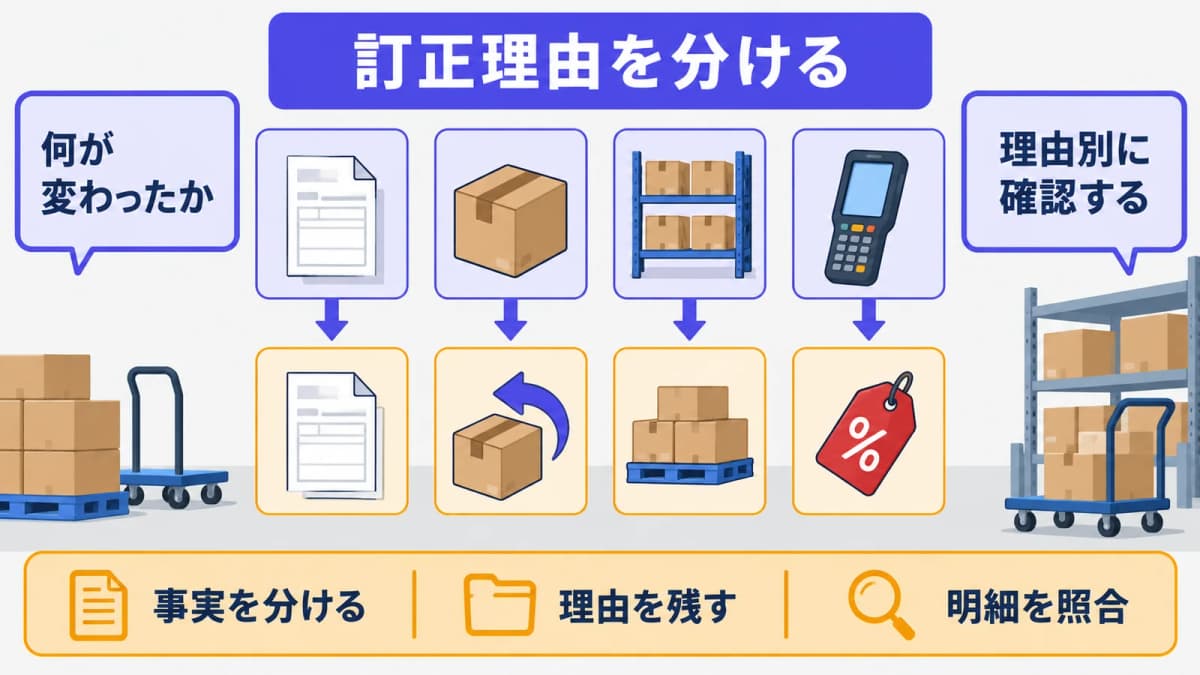 伝票訂正の理由を分類する帳票と伝票の控え