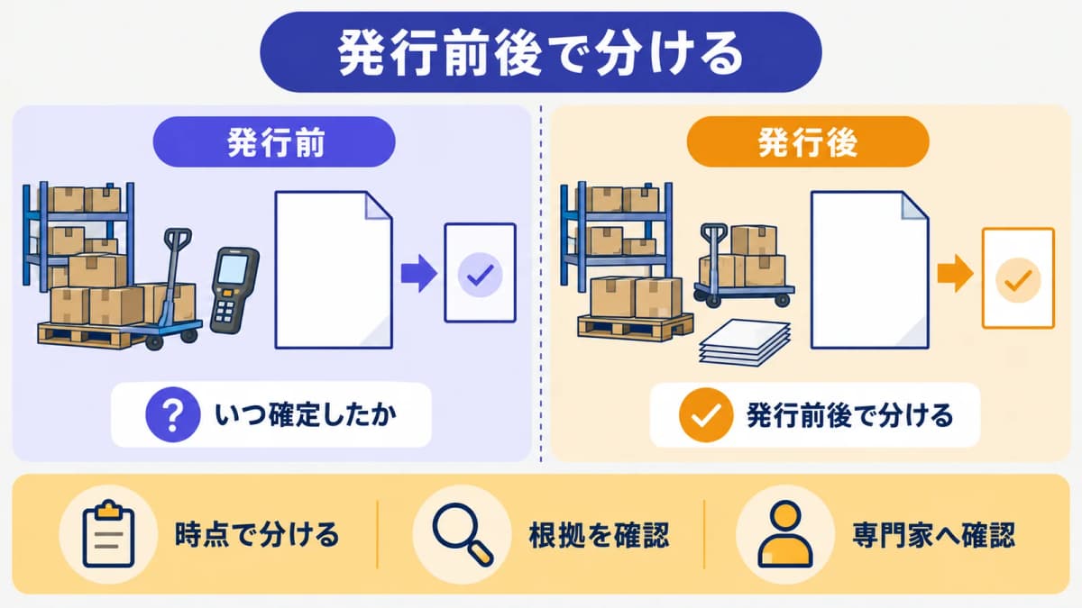 発行前と発行後を分ける判断表と書類
