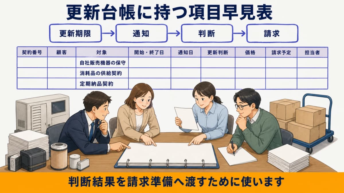 契約番号・顧客・対象・期限・判断・価格・請求予定・担当者を整理する図