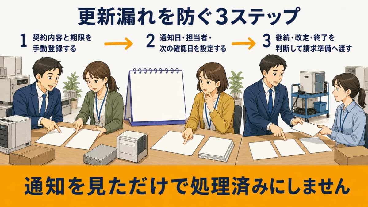 契約の手動登録・期限通知・更新判断と請求準備を示す3ステップ