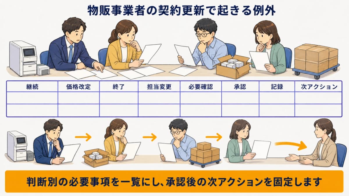 保守・消耗品・定期納品の違いと価格改定・終了・担当変更を整理する図