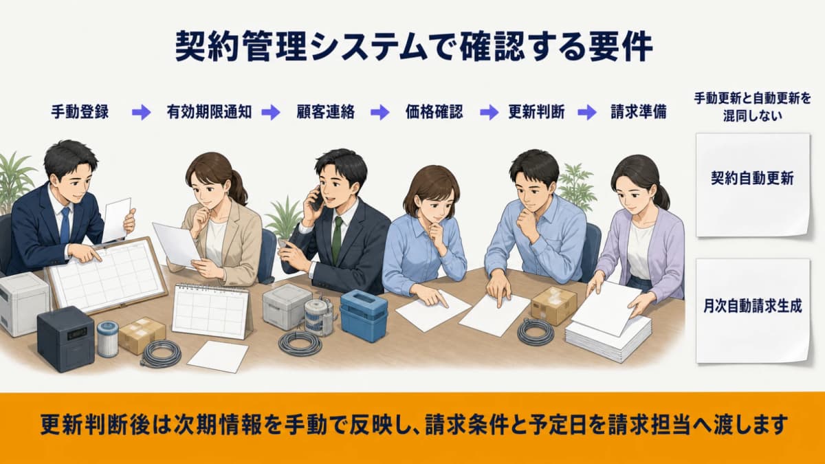 契約の手動登録・有効期限通知と更新・請求の手動判断を区別する図