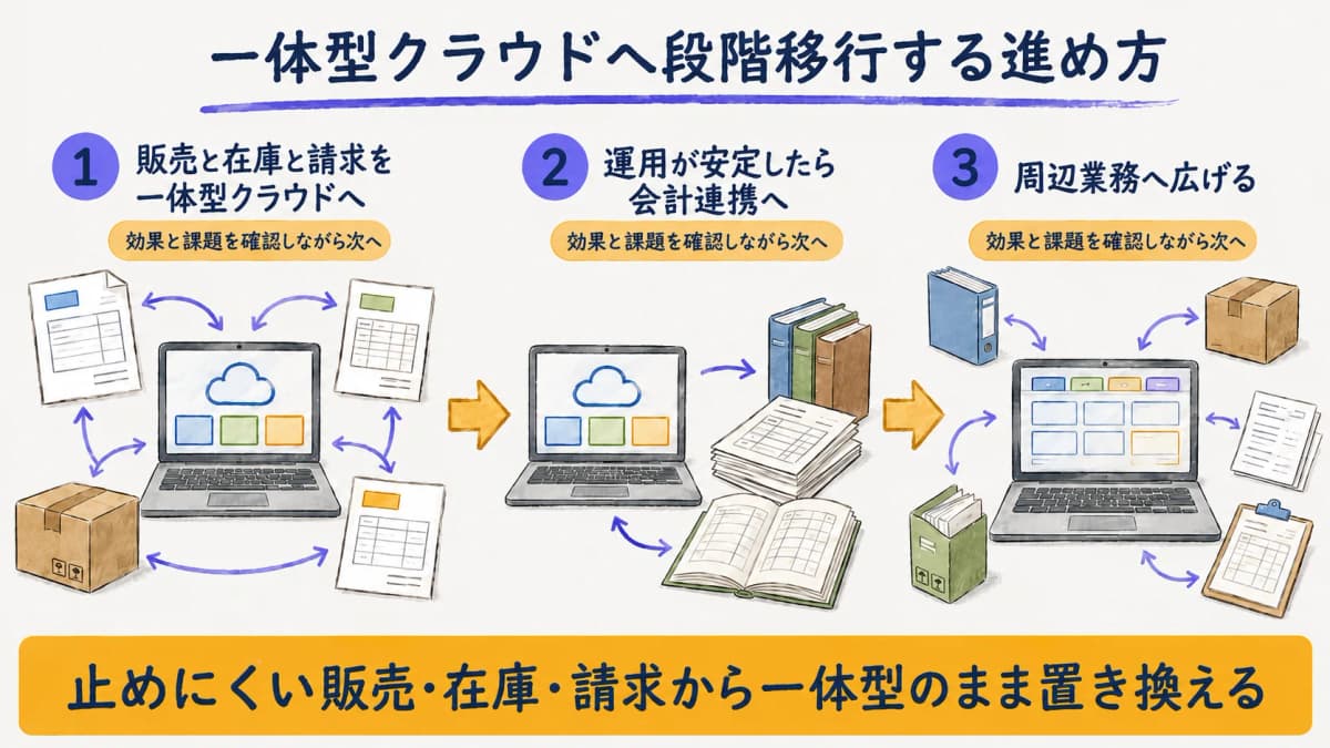 販売・在庫・請求を一体型クラウドへ段階的に移行する進め方を示したステップ図
