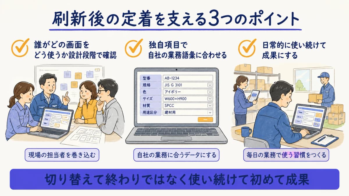 基幹システム刷新後の定着を支える3つのポイントをまとめた図