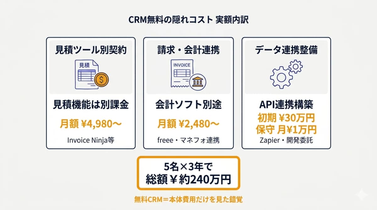 CRM無料神話の隠れコスト3項目(見積・請求・連携)の実額内訳