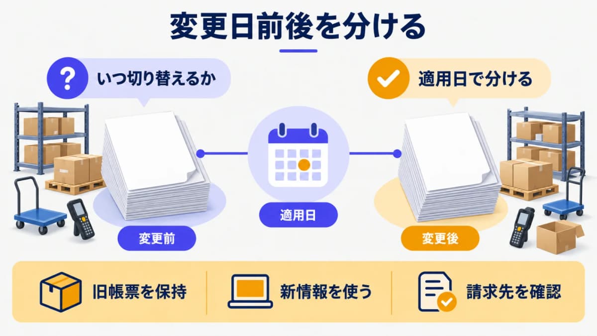 変更日前後の帳票を分ける二つの書類束