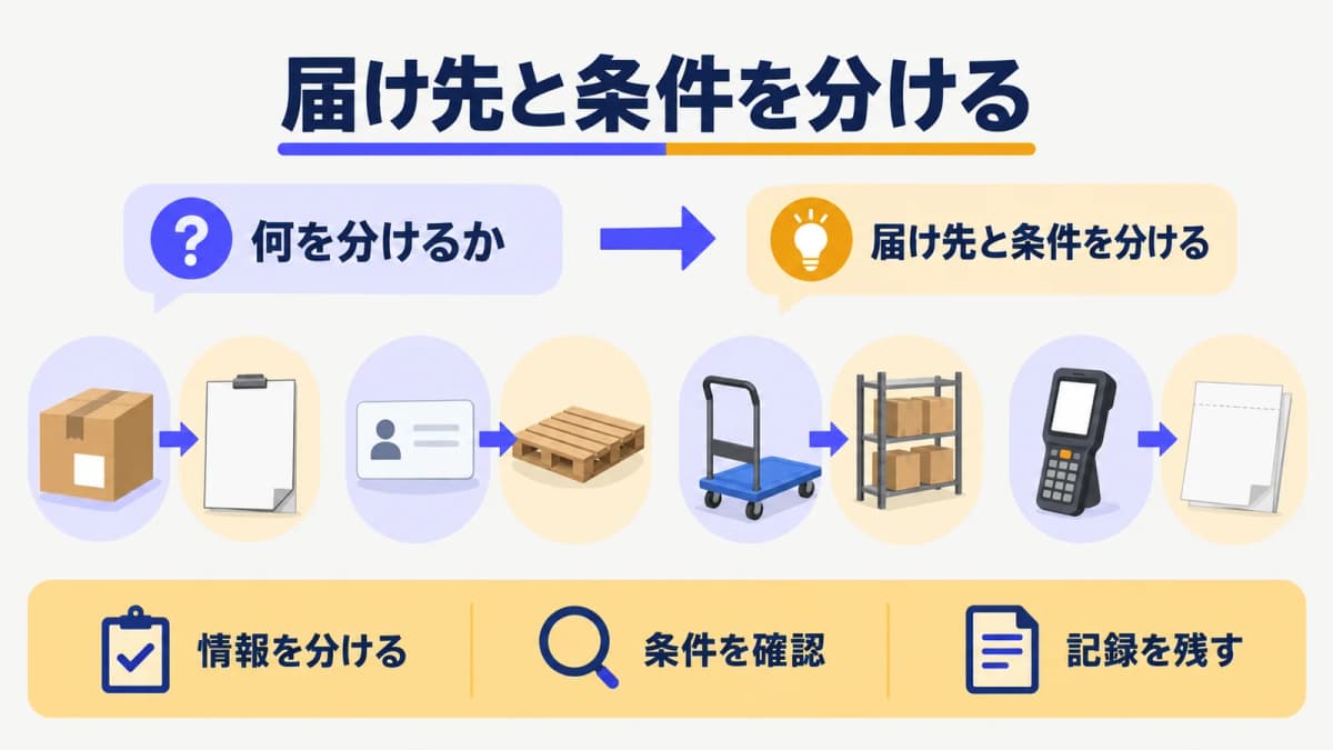 届け先と納品条件を分ける段ボール箱と伝票
