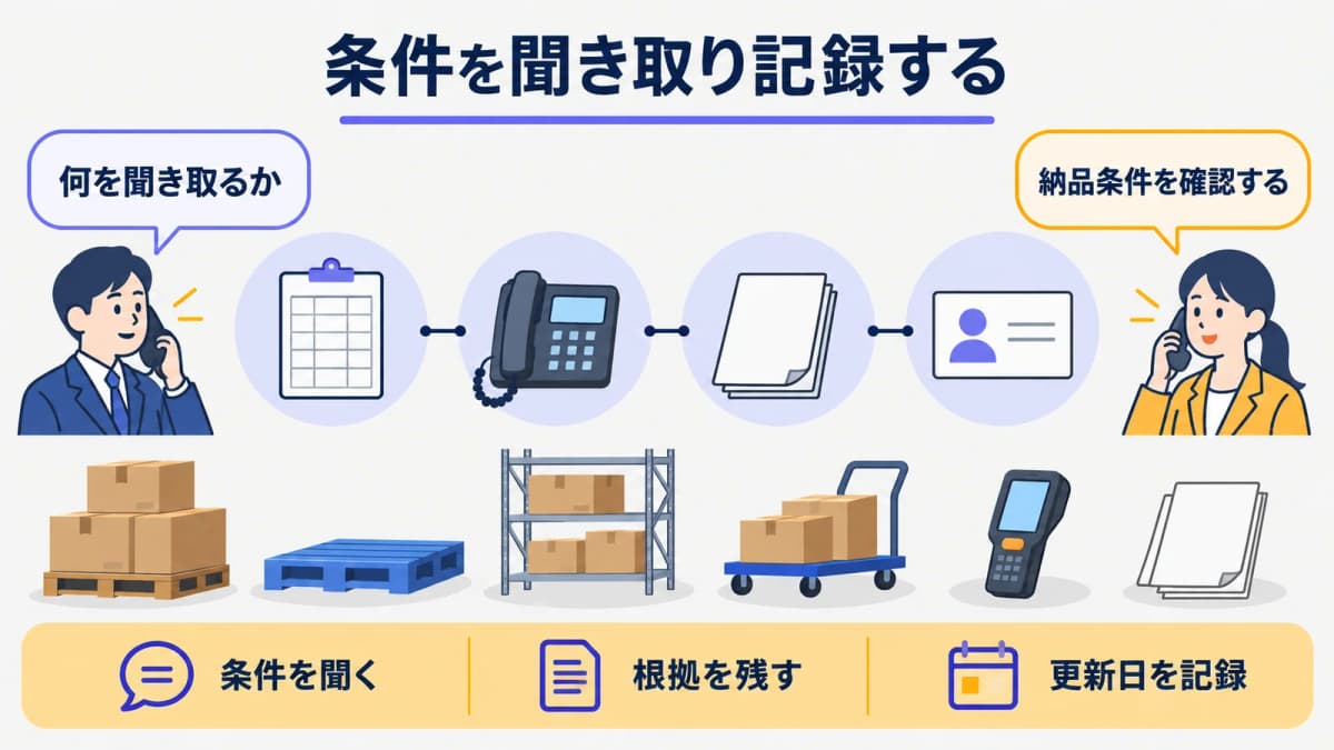 納品条件を聞き取るチェック表と電話