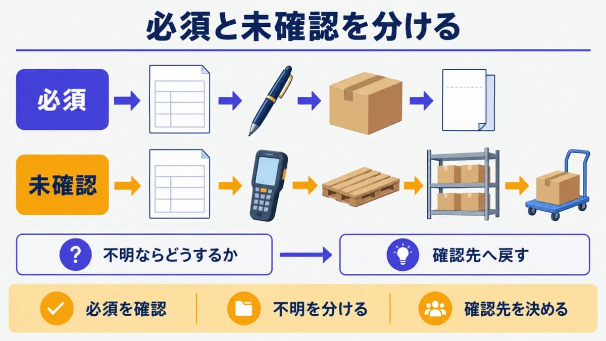 必須条件と未確認条件を分ける判断表とペン