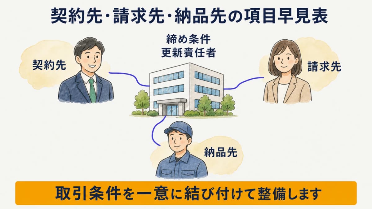 契約先・請求先・納品先と取引条件を一つの取引先構造に整理する図