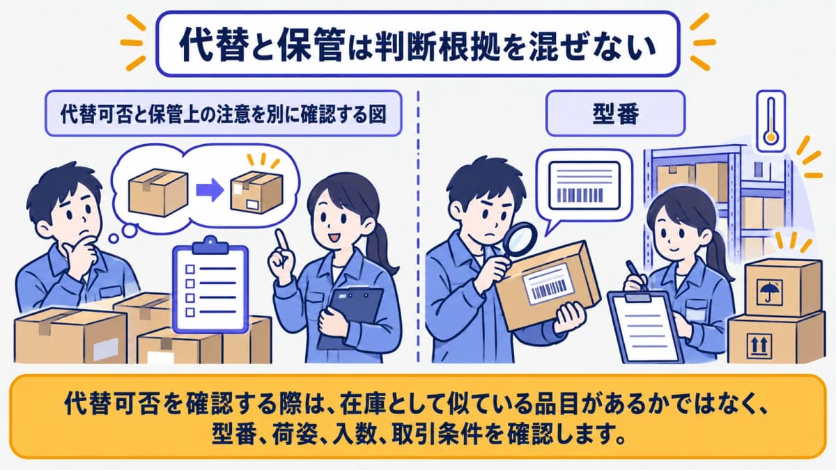 代替可否と保管上の注意を別に確認する図