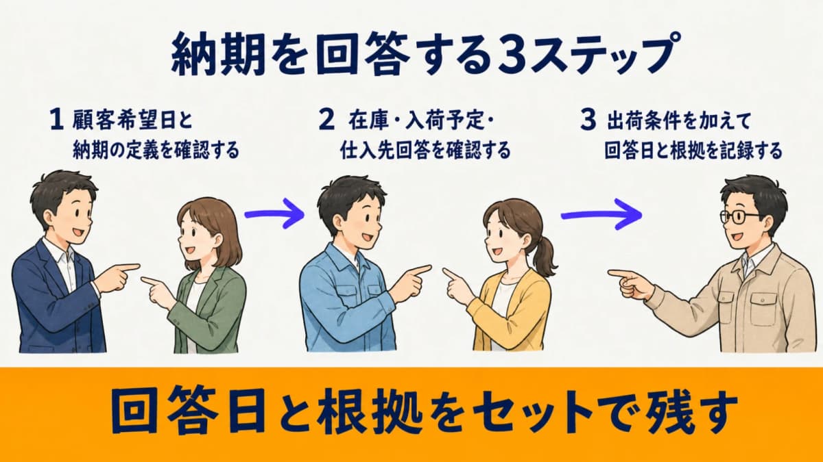 顧客希望日の確認から供給情報と出荷条件を加えて回答する3ステップ
