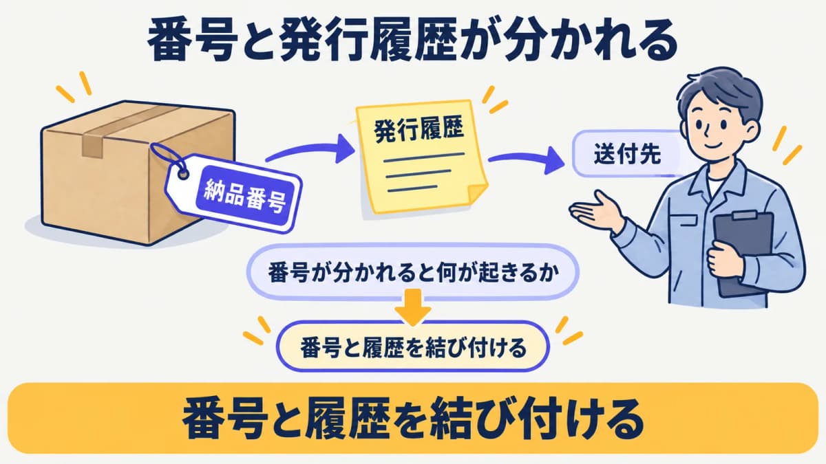 納品書番号と発行履歴が複数のExcel表に分かれる課題を示す図