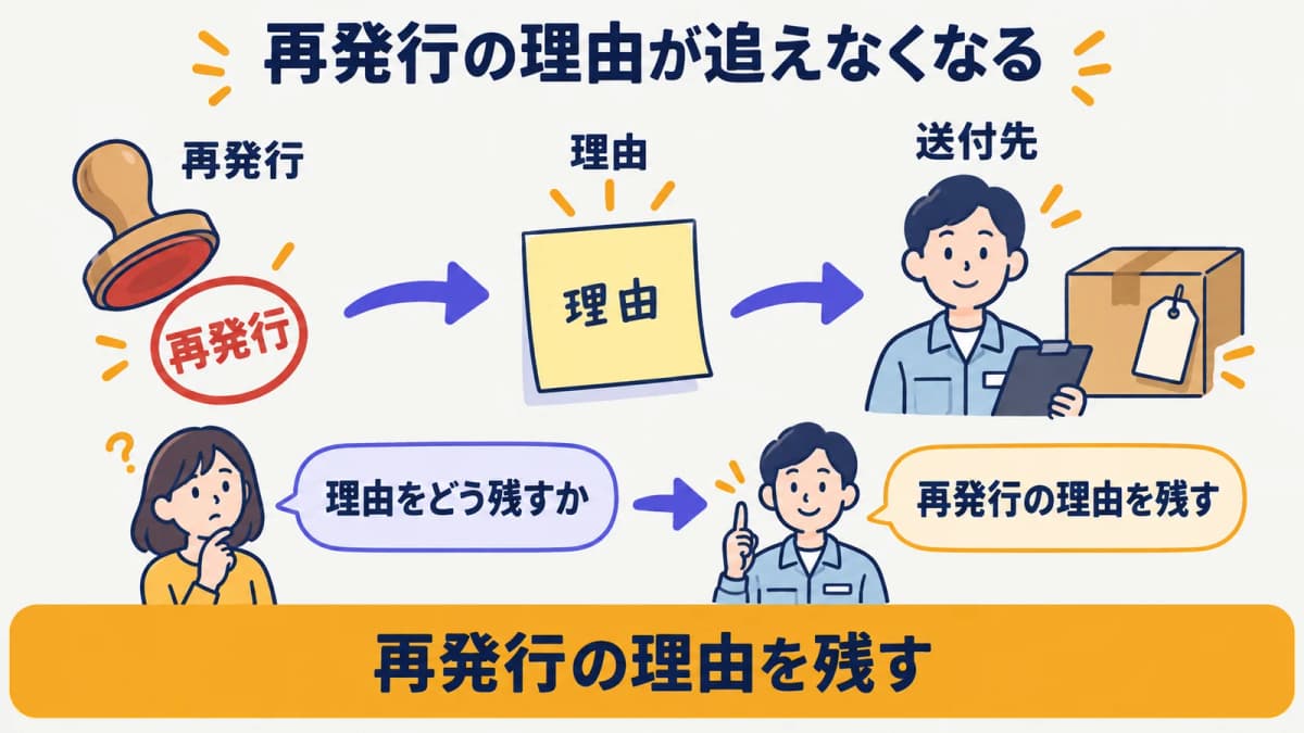 納品書の再発行理由と送付先がExcelの個別連絡に散らばる状態