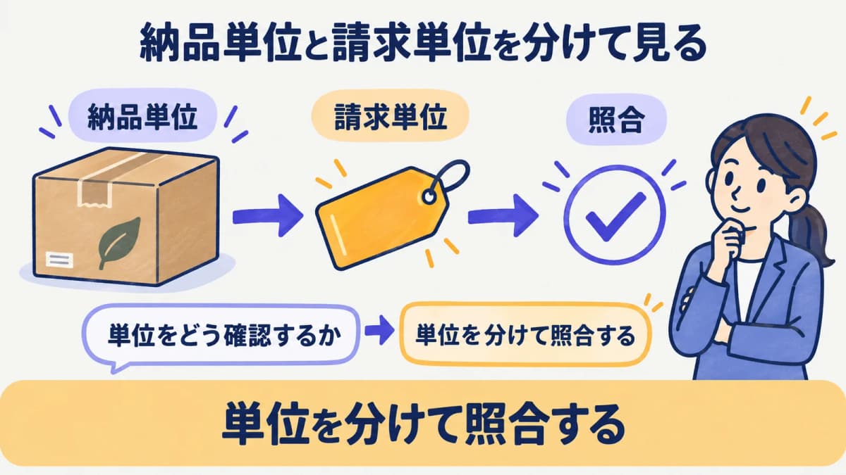 納品書の納品単位と請求書の請求単位を分けて照合する図