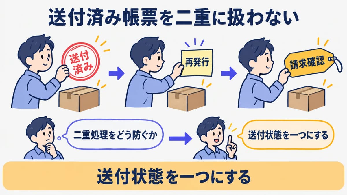 送付済みの納品書と再発行した帳票を二重に扱わない請求照合の図