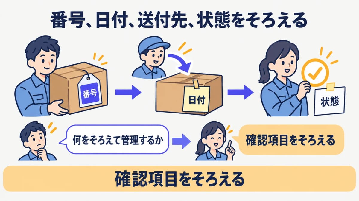 納品書番号と送付先と状態をそろえて請求照合するための記録