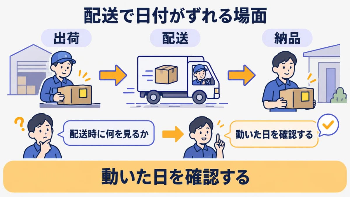 直送と分納と月をまたぐ配送で納品日がずれる場面を示す図