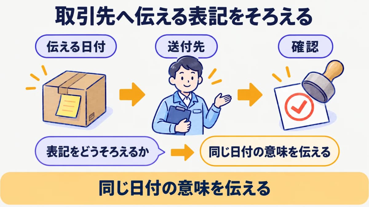 納品書の発行日と納品日に関する表記を取引先とそろえる図
