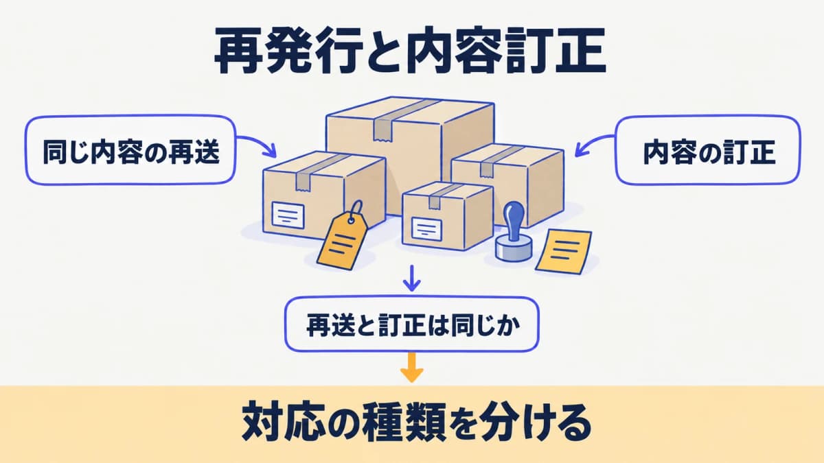 同じ内容の再発行と内容訂正を分ける納品書の判断図