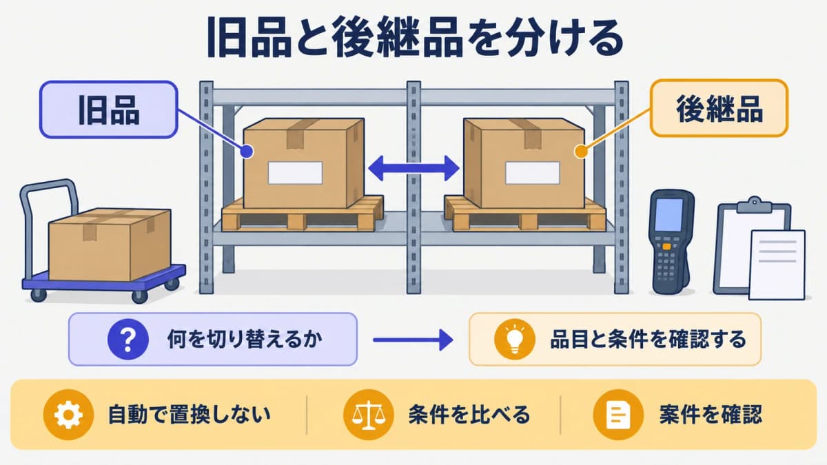 旧品と後継品を並べた保管棚と段ボール箱