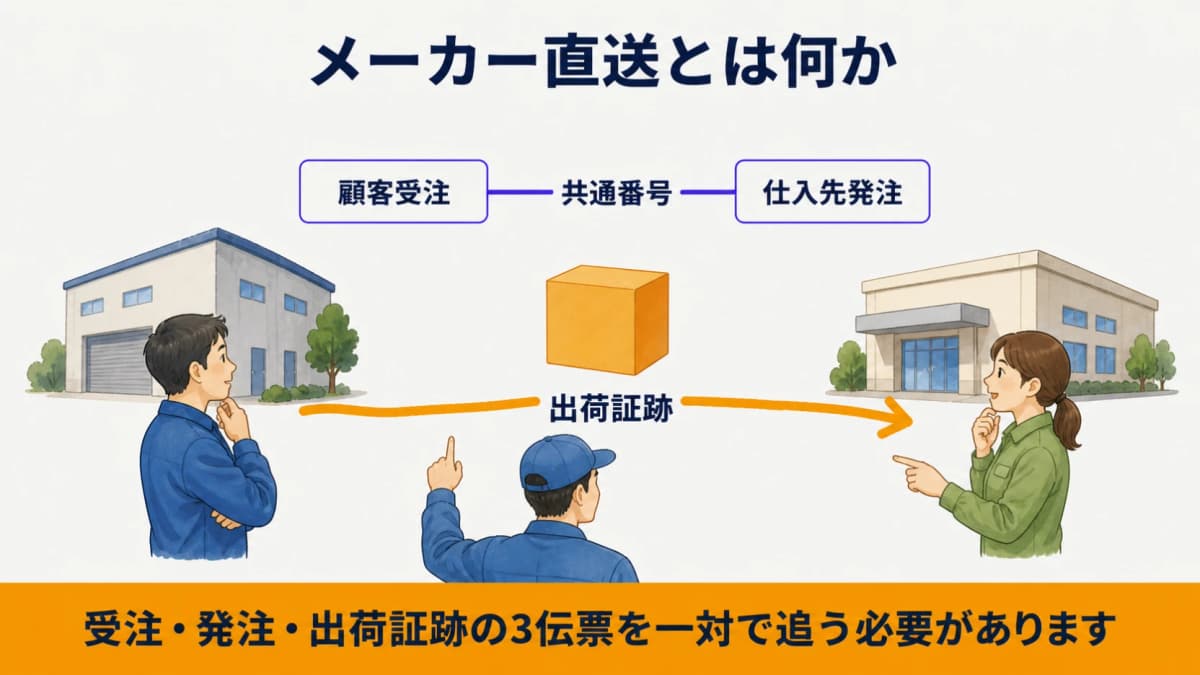 顧客受注・仕入先発注・出荷証跡を共通番号で結ぶメーカー直送の全体図