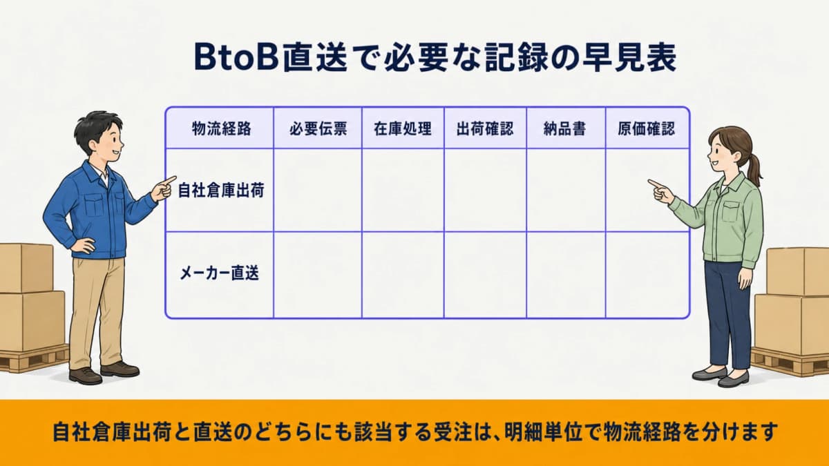 自社倉庫出荷とメーカー直送の伝票・在庫・出荷確認を比較する図