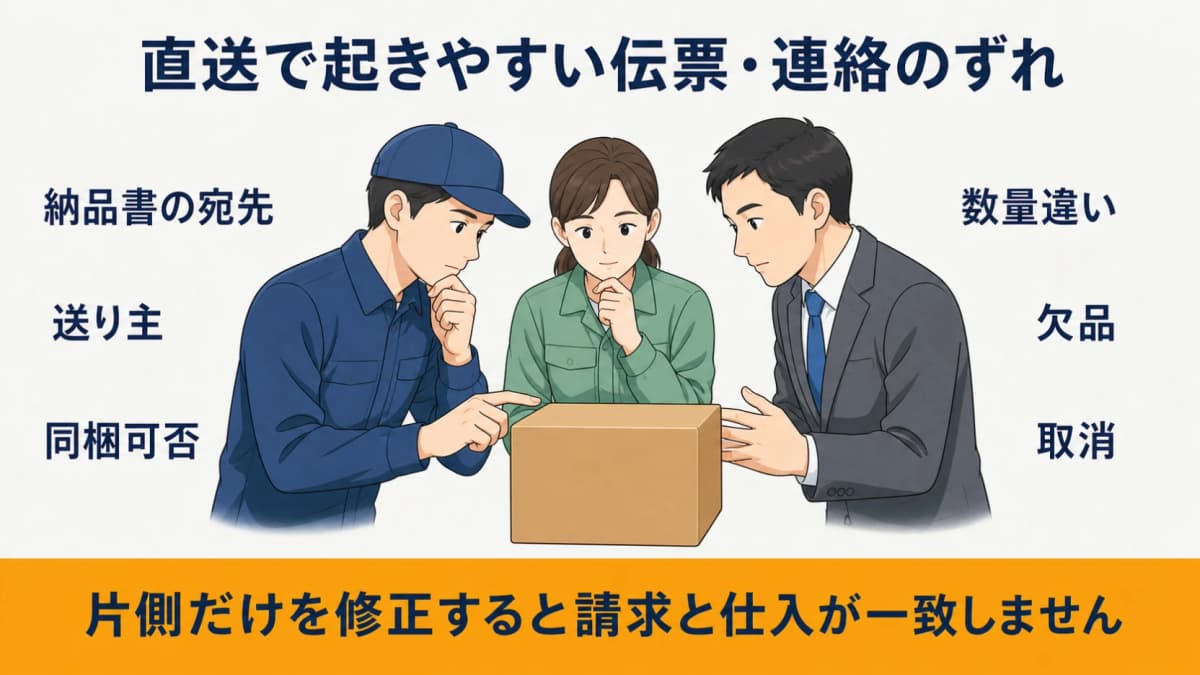 納品書の名義と数量違い・欠品・取消を双方へ反映する直送例外図