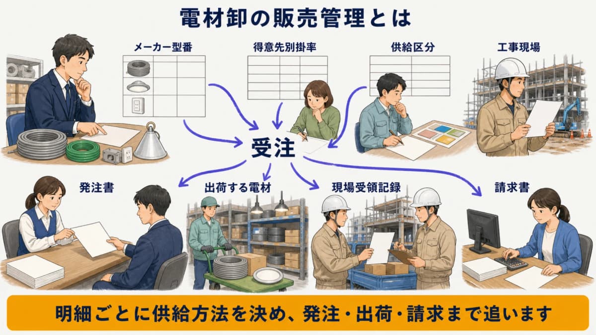 メーカー型番・得意先別掛率・供給区分・工事現場を同じ受注へ結ぶ全体図