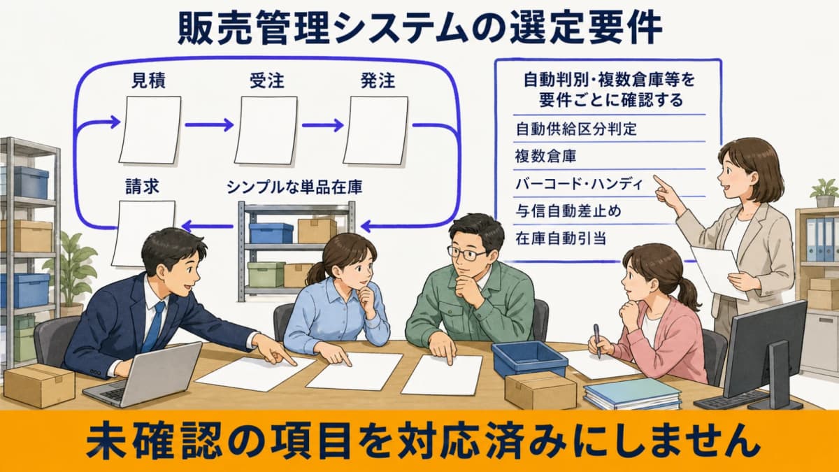 見積・受注・発注・在庫・請求の一体性と追加要件の確認範囲を示す図