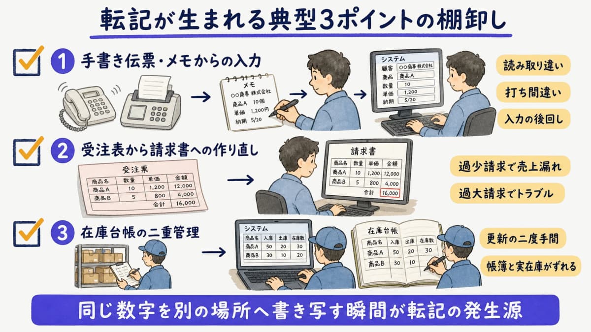 転記が生まれる典型3ポイントの棚卸しチェックリスト図