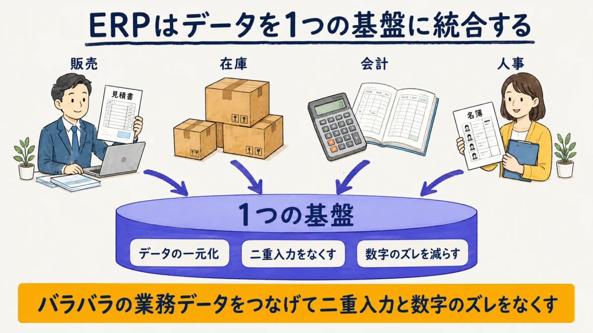 ERPが販売・在庫・会計・人事のデータを1つの基盤に統合する仕組みの図解