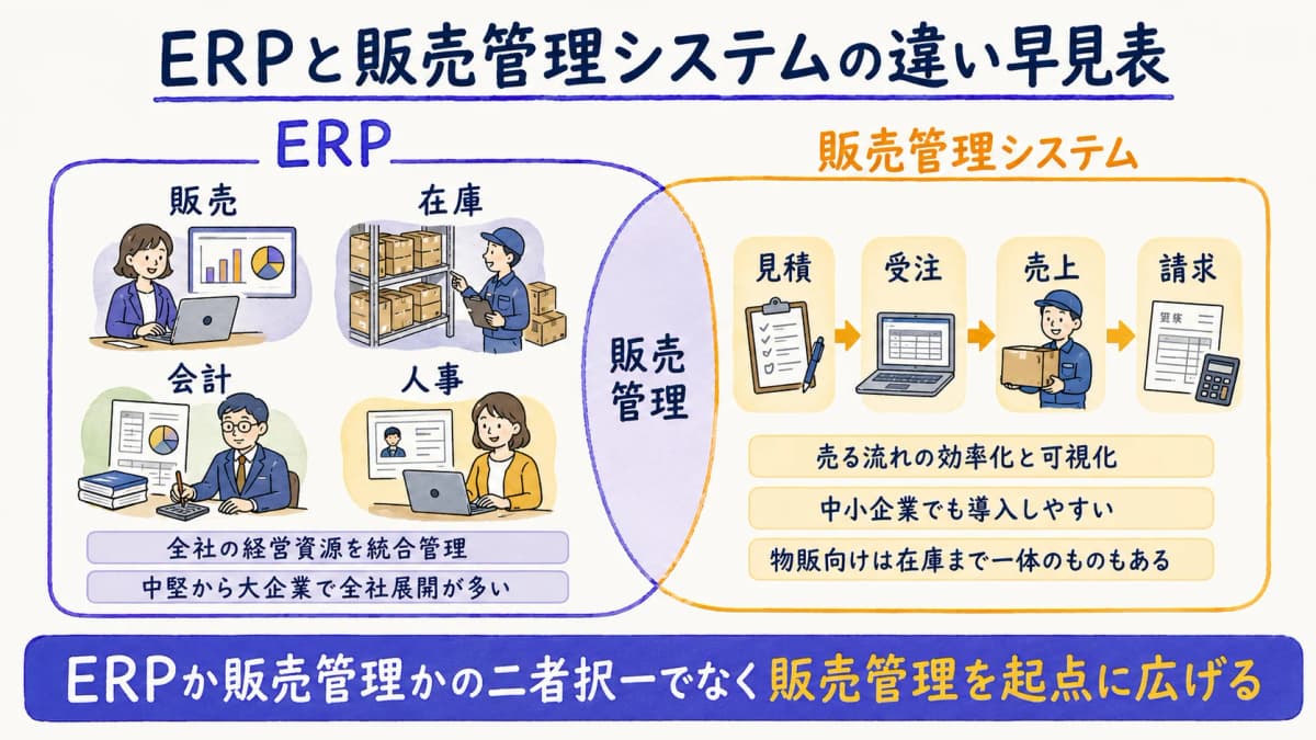 ERPと販売管理システムのカバー範囲を対比した早見表のイメージ図