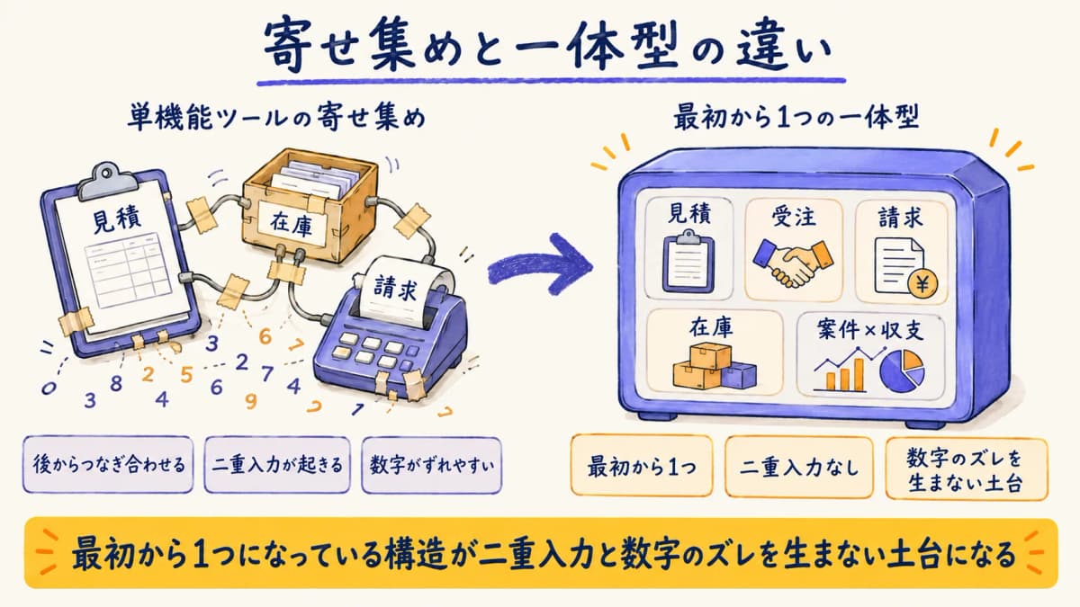 単機能ツールの寄せ集めと一体型システムを対比した構造図