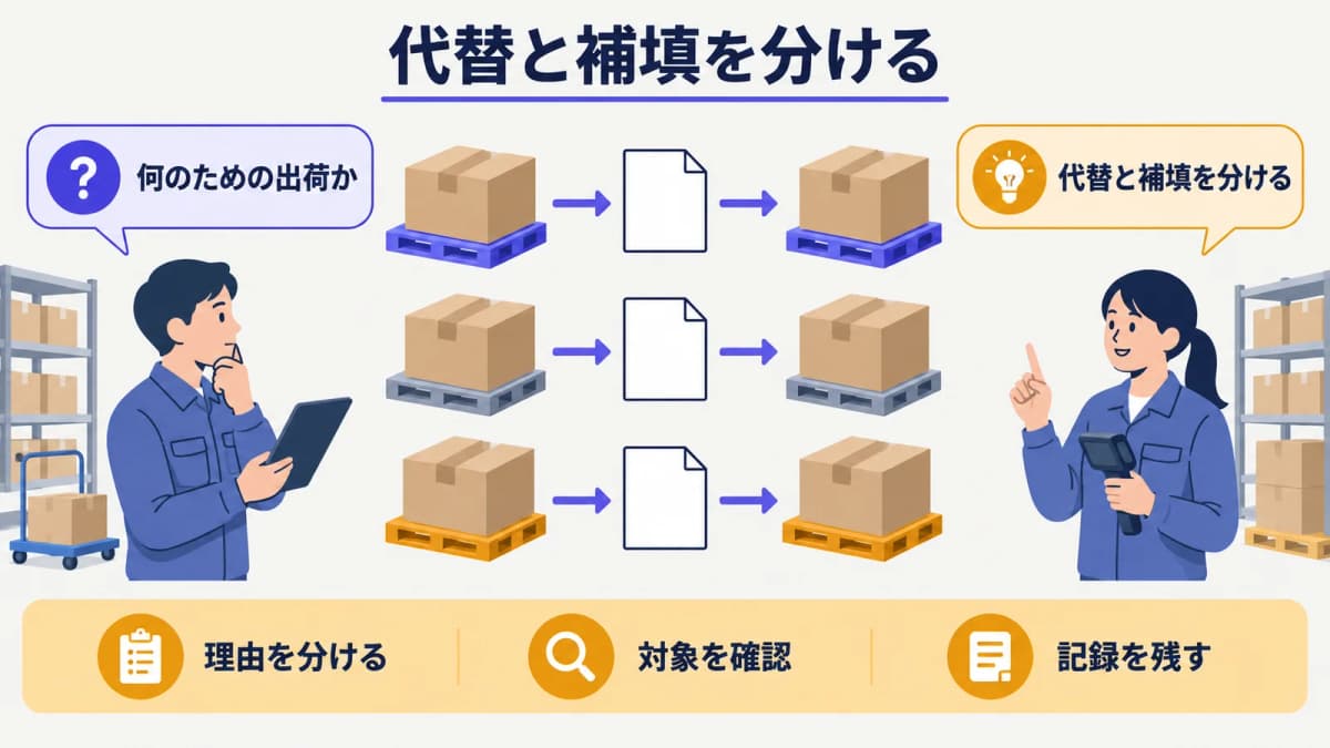 代替品と補填品を分ける段ボール箱と伝票